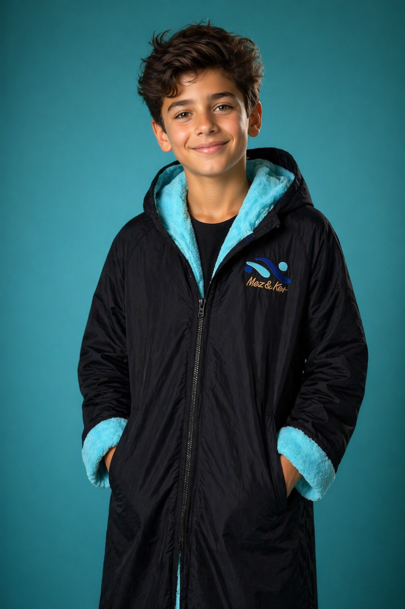 Child wearing a black jacket with blue lining against a teal background
