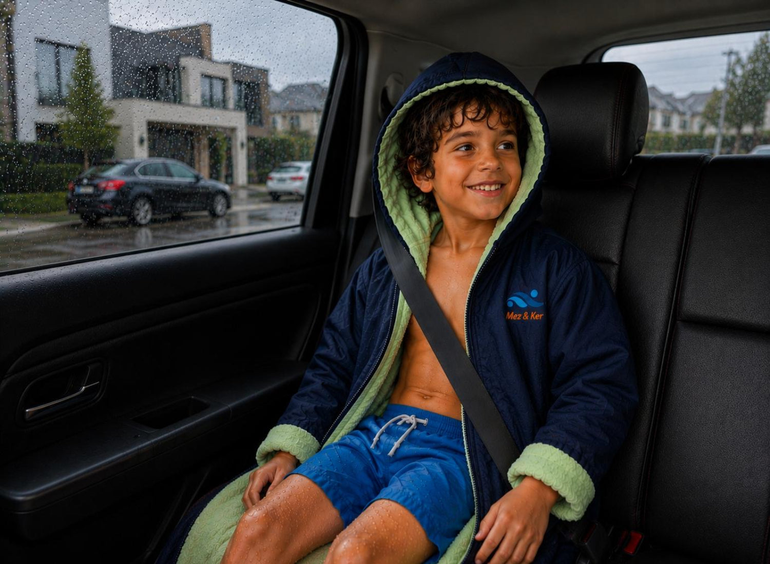 Boy wearing Mez&Ker Kids Swim and Sports Parka in a car after swimming 