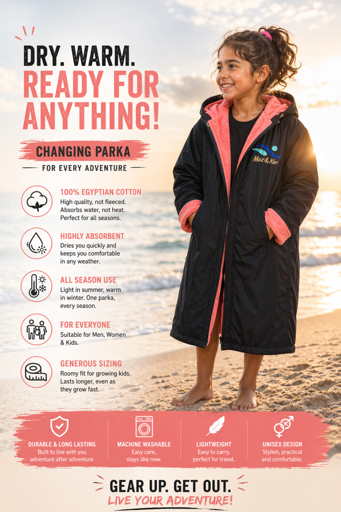 Child wearing a navy blue and watermelon Changing Parka on a beach with promotional text about the product.