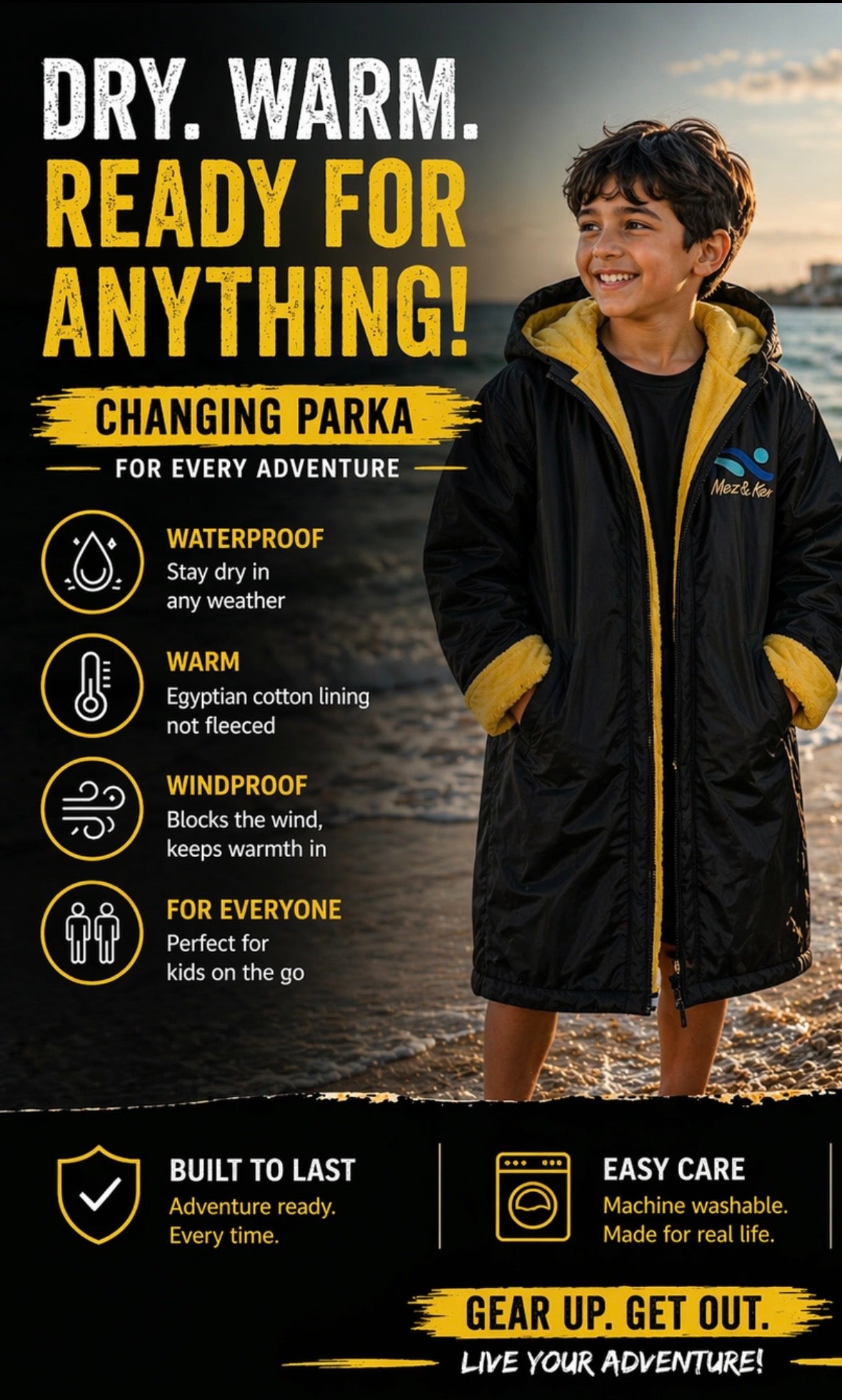 Child wearing a navy blue and yellow parka with promotional text about its features, standing on a beach.